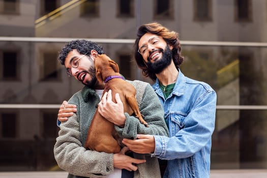 couple of men laughing happily with their naughty little dog in their arms, concept of family lifestyle with pets and love between people of the same sex