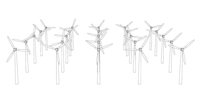 Wind turbines on white. 3d illustration. Wire-frame style