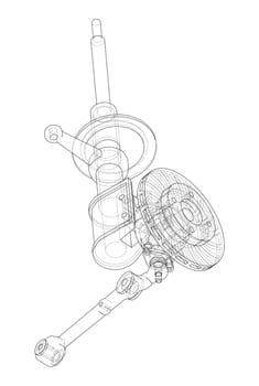 Car suspension with shock absorber. 3d illustration. Wire-frame style