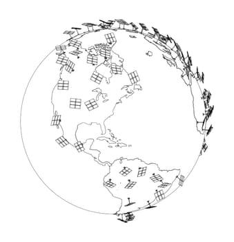 Solar Panels on Earth Concept. 3d illustration. Wire-frame style