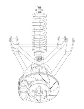 Car suspension with shock absorber. 3d illustration. Wire-frame style