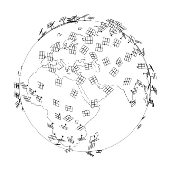 Solar Panels on Earth Concept. 3d illustration. Wire-frame style