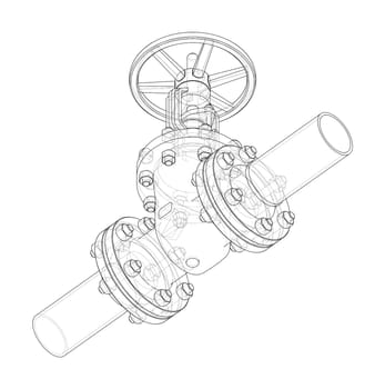 Industrial valve on white. 3d illustration. Wire-frame style