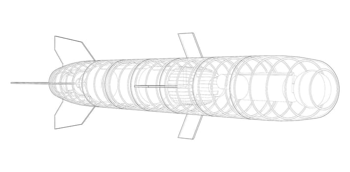 Military missile army rocket. Military concept. 3d illustration. Wire-frame style