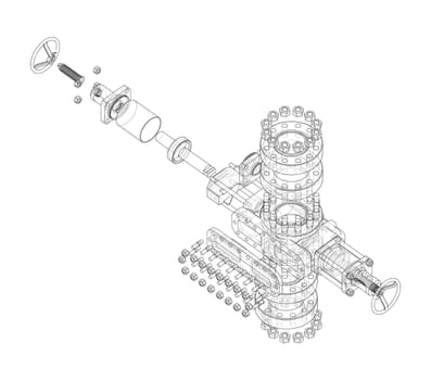 Blowout preventer on white. 3d illustration, Wire-frame style, Orthography