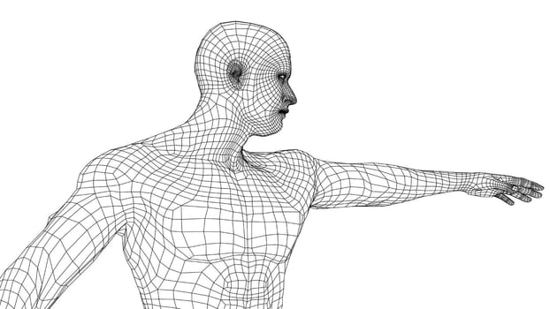 Virtual wireframe a man holds his hand in front of him and looks ahead. 3d illustration