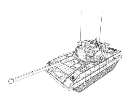 Tank on white background. 3d illustration. Wire-frame style