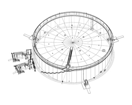 Large oil tank with floating roof. 3d illustration. Wire-frame style. Orthography