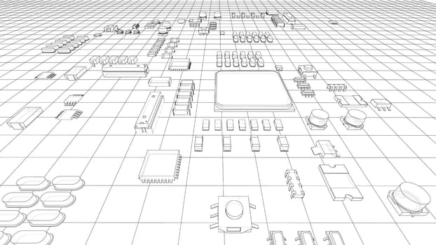 Electric circuit board, various chips and electronic components. 3d illustration. Wire-frame style