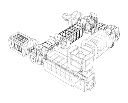 Abstract Spaceship or Space Station Outline. 3d illustration. Space Technology