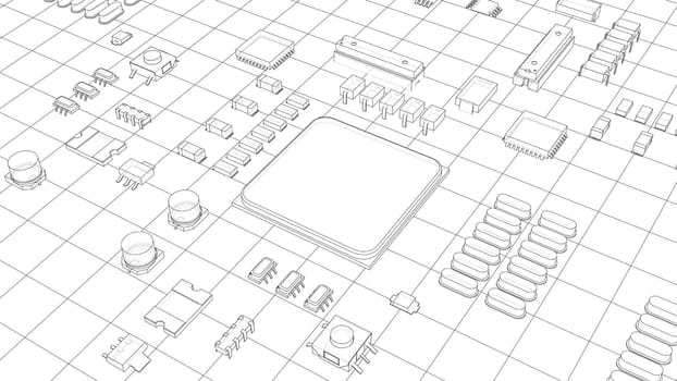 Electric circuit board, various chips and electronic components. 3d illustration. Wire-frame style