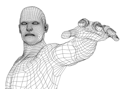 Virtual wireframe a man holds his hand in front of him and looks ahead. 3d illustration