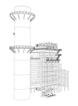 Industrial equipment. Large Industrial Furnace. 3d illustration. Wire-frame style