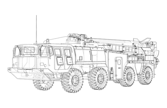 Army Rocket artillery system. Military concept. 3d illustration. Wire-frame style