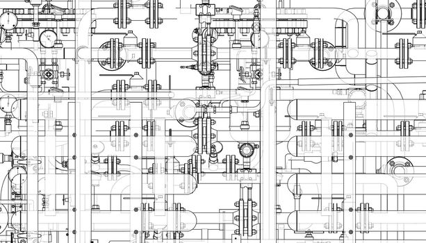 Valves and other industrial equipment. 3d illustration. Wire-frame style. Orthography