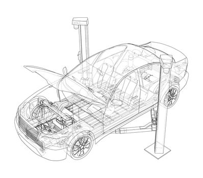 Car lift stand tower with car. 3d illustration