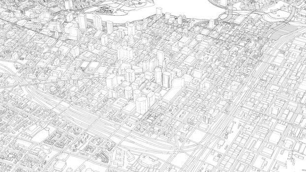 Cityscape Sketch. 3d illustration. Wire-frame style. Urban Architecture Concept