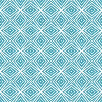 Striped hand drawn pattern. Turquoise symmetrical kaleidoscope background. Textile ready bold print, swimwear fabric, wallpaper, wrapping. Repeating striped hand drawn tile.