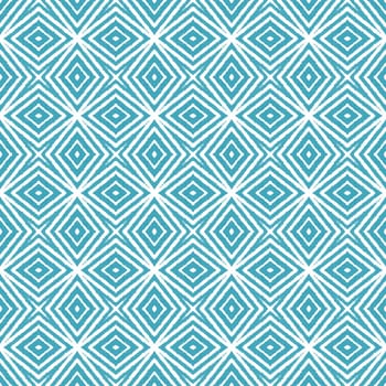 Striped hand drawn pattern. Turquoise symmetrical kaleidoscope background. Textile ready bold print, swimwear fabric, wallpaper, wrapping. Repeating striped hand drawn tile.