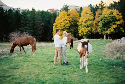 Man and woman stand embracing on a green pasture among horses. High quality photo