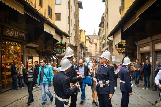 October 11, 2018.Tuscany.ITALY.FLORENCE: Police and tourists on the Ponte Vecchio Bridge.