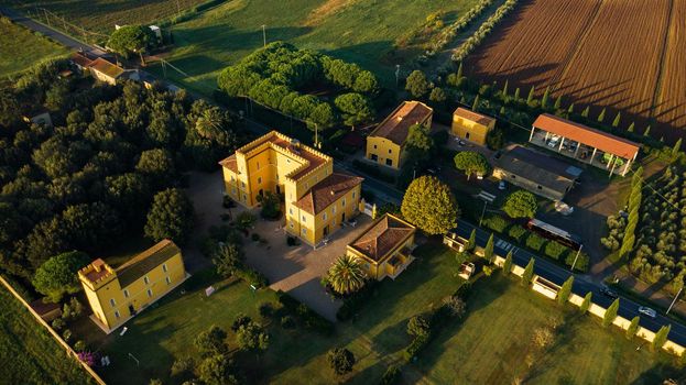 Top view of an old yellow villa in the Tuscan region.Italy.