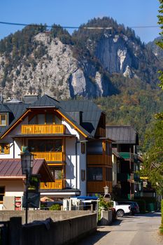 Colorful houses along the street of the city of Salzkammergut in Austria.Europe.