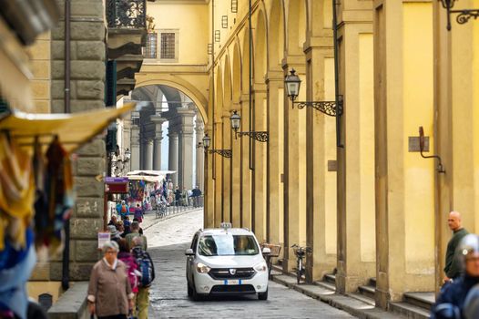 FLORENCE, ITALY-October 11, 2018: Lungarno degli Acciuoli Street in Florence.Italy in an antique tone.