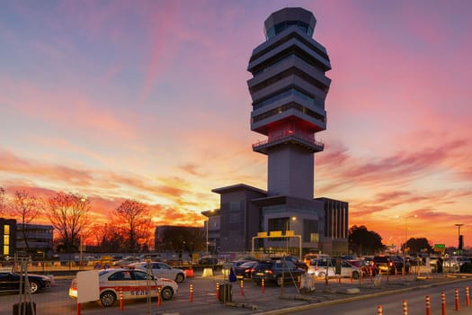 Belgrade, Serbia - February 18, 2023: Heavy traffic close to new Air Traffic Control Tower at Nikola Tesla Airport. It is the largest and busiest airport in Serbia, situated near the suburb of Surcin.
