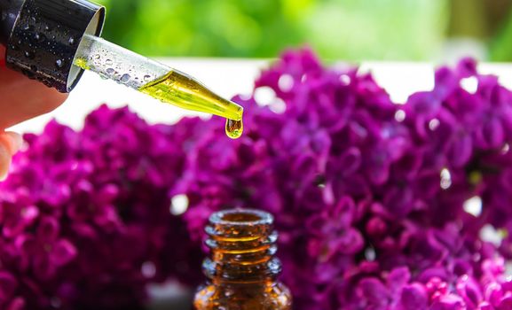 Syringa lilac, essential oil. bottle of beauty oil with lilac flowers. selective focus