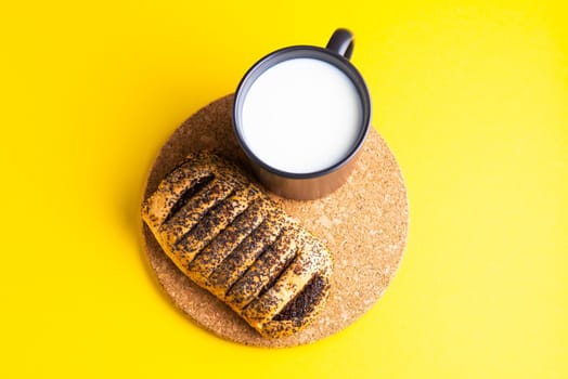 Wheat bread breakfast and milk in a morning, croissant, plate