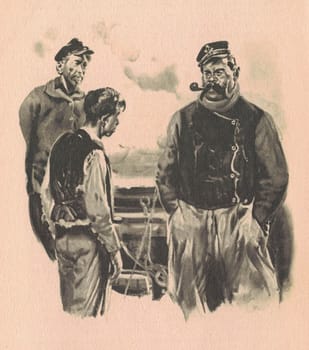 Black and white illustration shows a meeting between a captain and a young sailor. Drawing shows life in the Old West. Vintage black and white picture shows adventure life in the previous century.