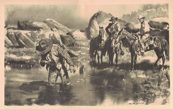 Black and white illustration shows cowboys on horseback by the river. Drawing shows life in the Old West. Vintage black and white picture shows adventure life in the previous century.