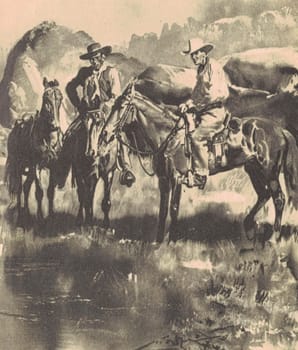 Black and white illustration shows cowboys on horseback by the river. Drawing shows life in the Old West. Vintage black and white picture shows adventure life in the previous century.