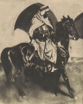 Black and white illustration shows a Bedouin on horseback. Vintage black and white picture shows adventure life in the previous century.