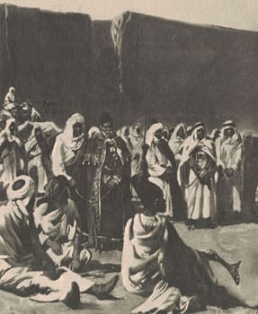 Black and white illustration shows a festive meeting of Arab men - Bedouins. Vintage black and white picture shows adventure life in the previous century.