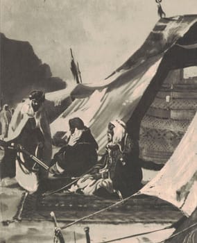 Black and white illustration shows a meeting of Arab men in front of the Bedouin tent. Vintage black and white picture shows adventure life in the previous century.