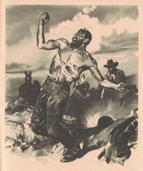 Black and white illustration shows an injured man. Drawing shows life in the Old West. Vintage black and white picture shows adventure life in the previous century.