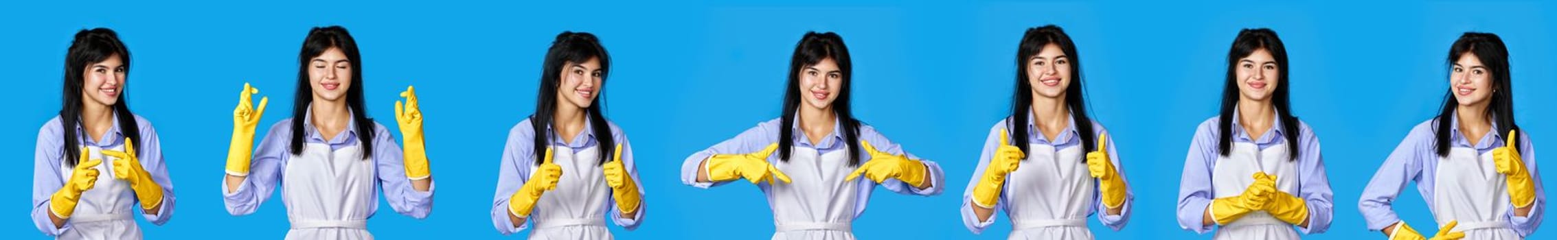 set of beautiful woman in yellow rubber gloves and cleaner apron showing different gesture isolated on blue background. cleaning