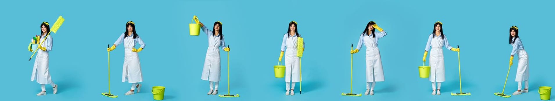 set of cheerful professional cleaner woman in rubber gloves and cleaner apron with mop on blue background. Full length