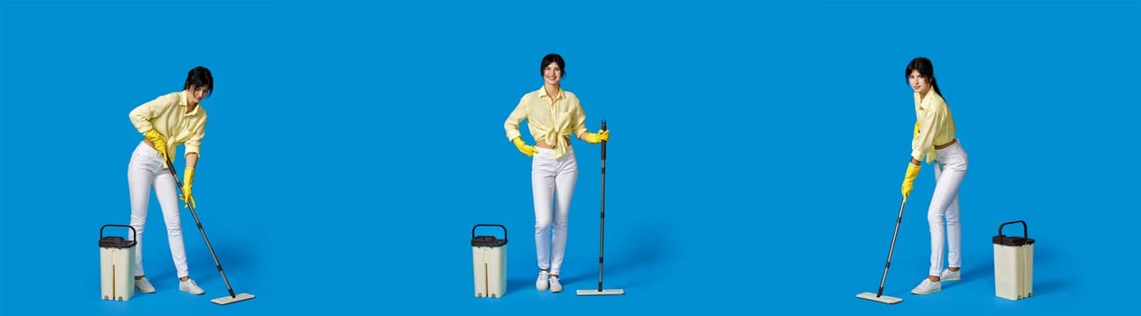 collage of cleaner woman in rubber gloves washing floor with mop on blue background. Full length