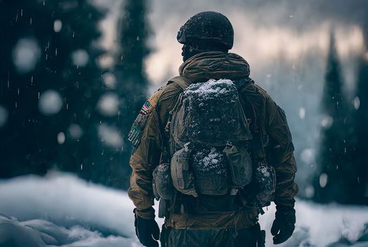 Alone soldier, standing in a helmet and with a backpack, against the backdrop of a winter lanscape in the snowfall. Rear view. Close up. Copy space. Ai generative