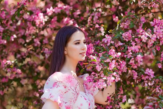 Portrait of pretty brunette girl in a pink dress standing under pink blooming apple trees, in the spring in the garden. Side view. Close up. Copy space