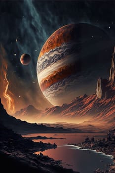 Space background. illustration of Jupiter satellite. Jupiter landscape with rocks and craters with liquid inside, orange planet empty surface, cloudy sky. Elements image furnished by NASA. download image