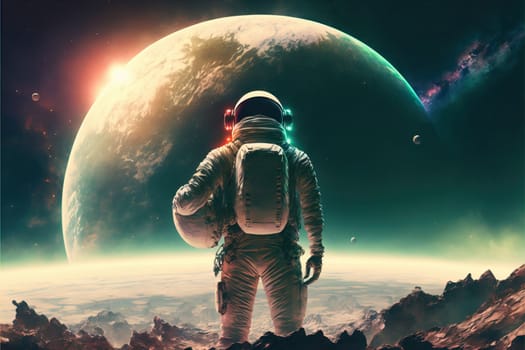 Illustration of Astronaut on Planet Watching on moon with sunrise. Future First Manned Mission To planet, Technological Advance Brings Space Exploration, Colonization. download image