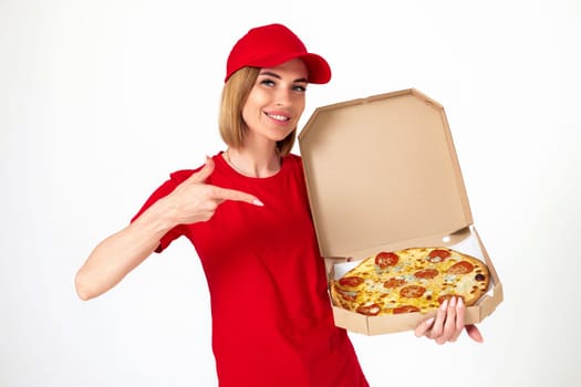 pizza delivery girl pointing finger to pizza isolated on white background