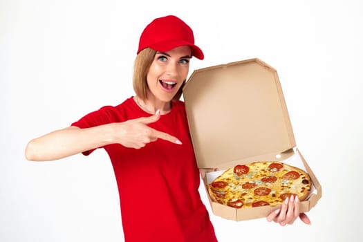 pizza delivery girl pointing finger to pizza isolated on white background