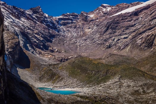 Turquoise laguna in Cordillera Blanca, snowcapped Andes, Ancash, Peru