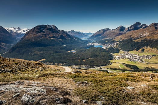 Panoramic view of St Moritz from Muottas Muragl of Upper Engadine, Graubunden, Switzerland