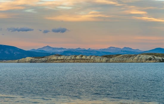 Ridged triangular valleys leading to the Beagle Channel near Puerto Williams in Chile at sunset